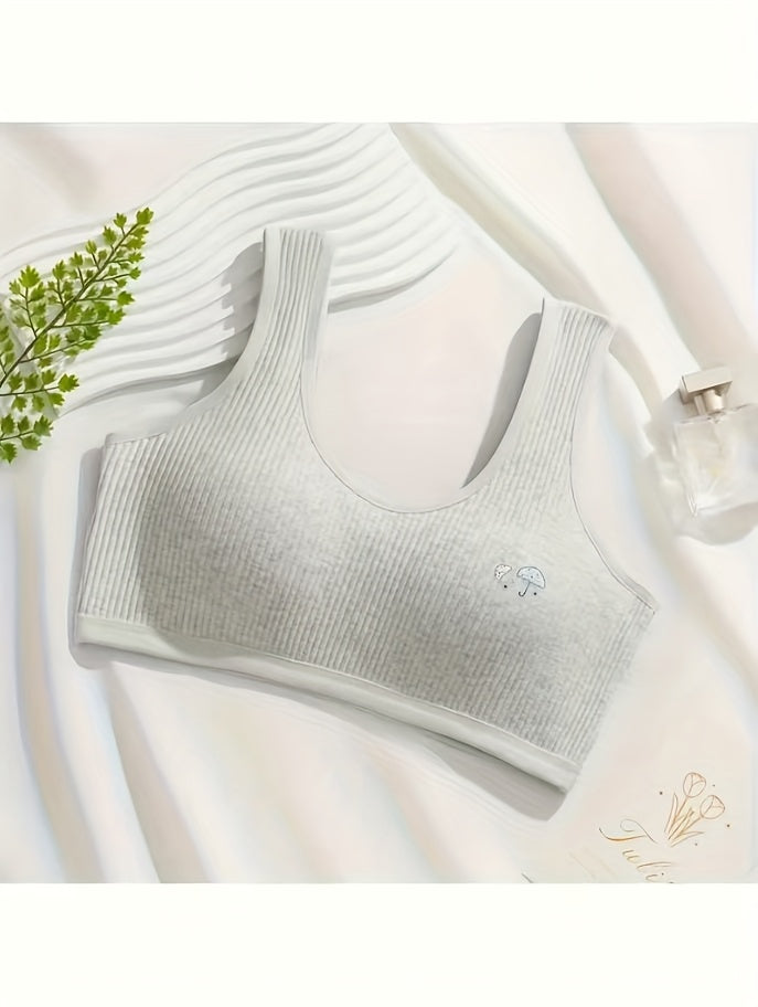 Girls' Ribbed Training Bras Four Pack with Removable Pads and Small Embroidered Details in Mixed Colors