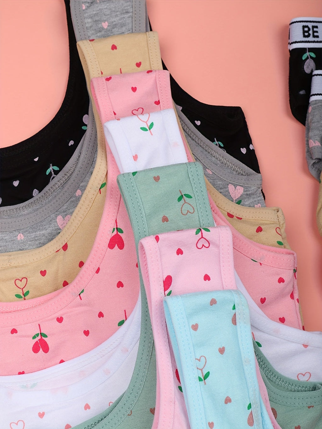 Girls' Eight Training Bra and Brief Sets in Assorted Colors with Heart Prints and Lettered Elastic Bands