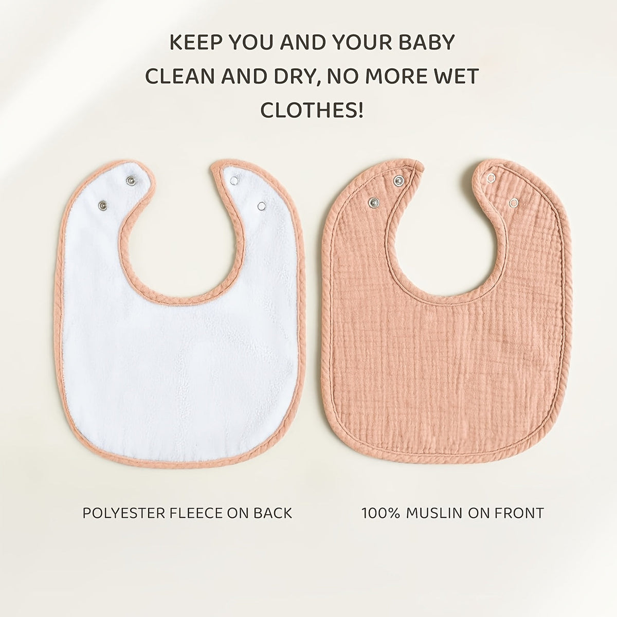 Baby Muslin Bibs Ten Pack in Mixed Colors with Adjustable Snaps and Polyester Fleece Backing