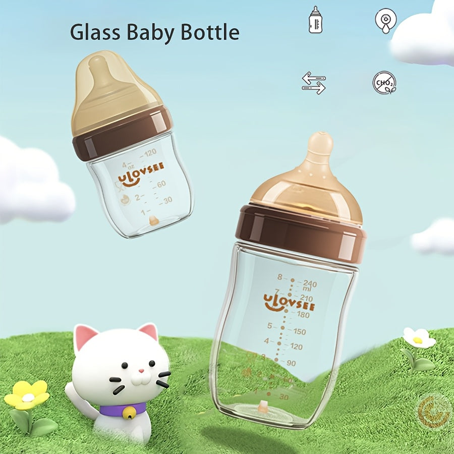 Wide-Neck Glass Baby Bottles with Bottom Air-Balance Valves and Clear Volume Markings for Feeding