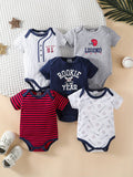 Baby Boys' Sports Bodysuits 5-Pack with Short Sleeves and Crotch Snaps in Baseball-Themed Everyday Prints