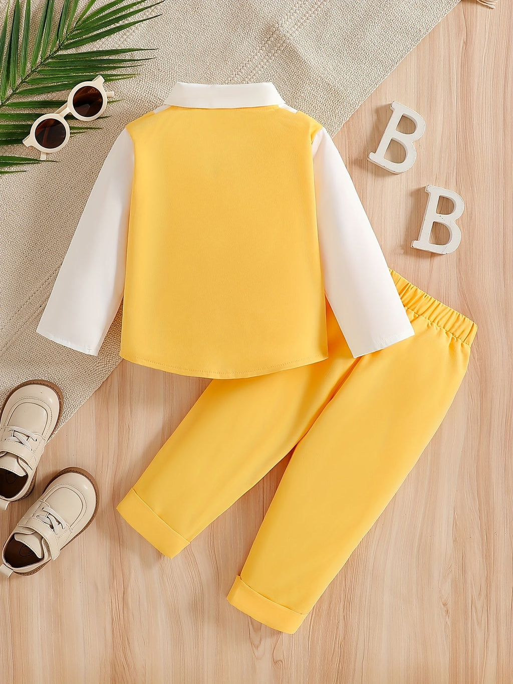 Baby Boy Mock Vest Shirt and Pants Outfit with a Bow Tie Detail and Long Sleeves for Birthday Parties