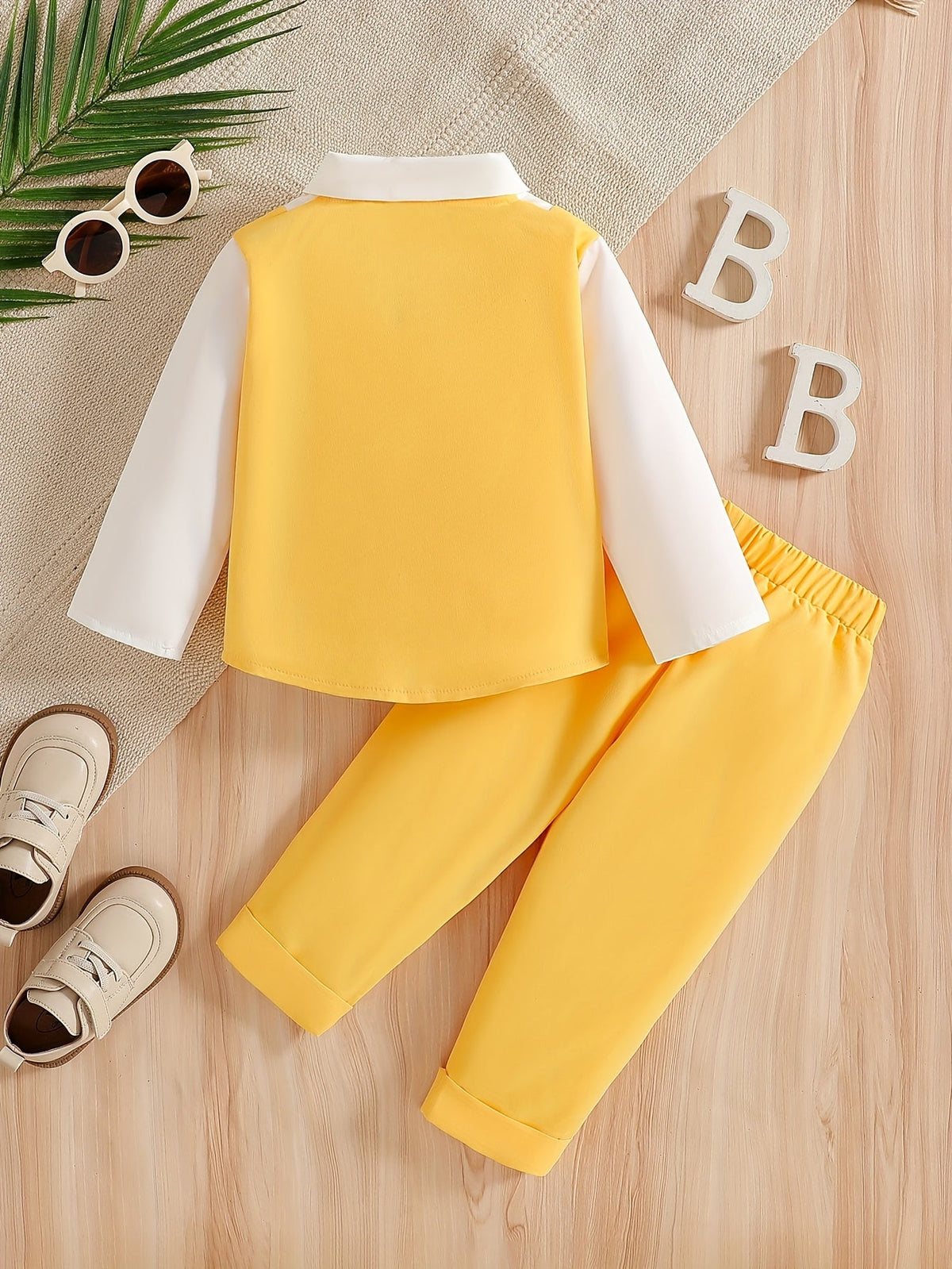 Baby Boy Mock Vest Shirt and Pants Outfit with a Bow Tie Detail and Long Sleeves for Birthday Parties