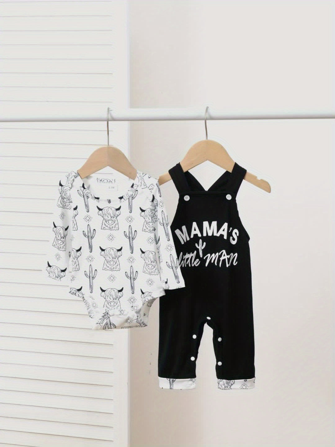 Baby Boy Cow Print Bodysuit and Black Overalls Set with Mama's Little Man Lettering in Size 12-18 Months