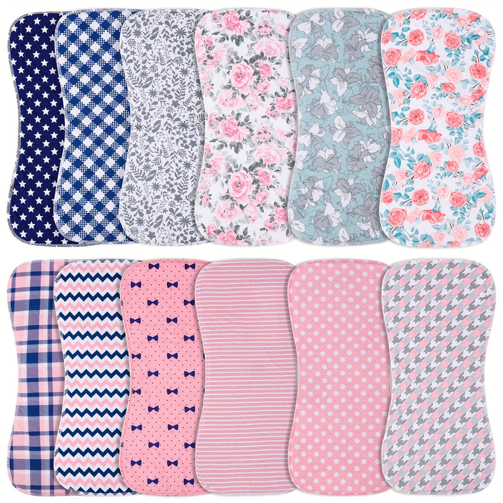 Baby Burp Cloths 12-Pack in Floral, Stripe, Check and Dot Prints with Contoured Shape and Three-Layer Design