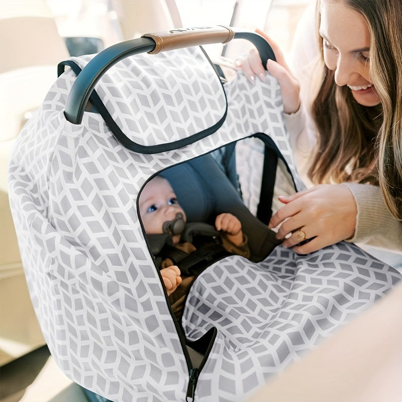 Baby Car Seat Canopy in Gray and White Geometric Print with Zip-Open Front Window and Carry Handle Opening