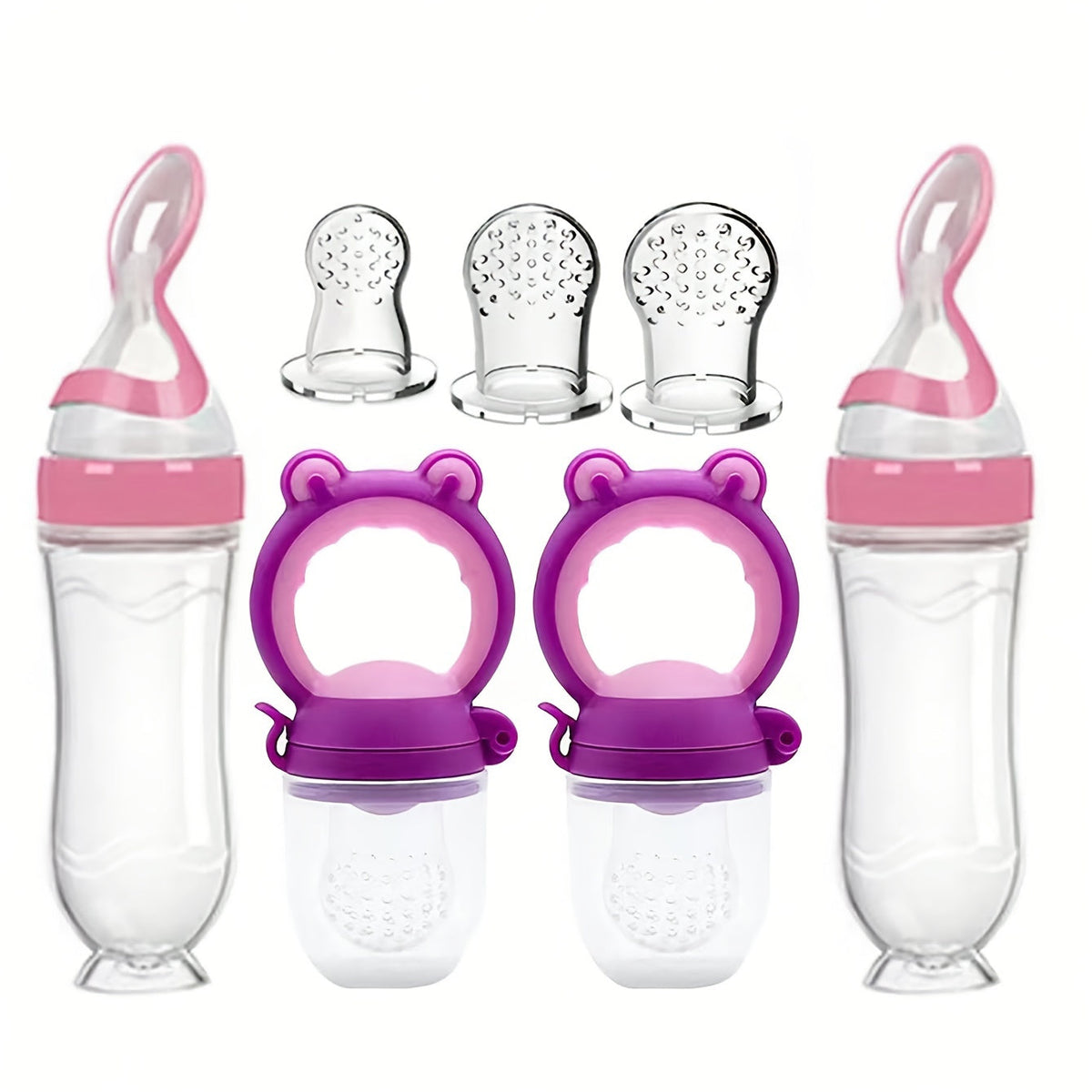 Baby Food Feeder Set of Seven Pieces with Squeeze Spoon Bottles and Handled Feeders for Supervised Feeding
