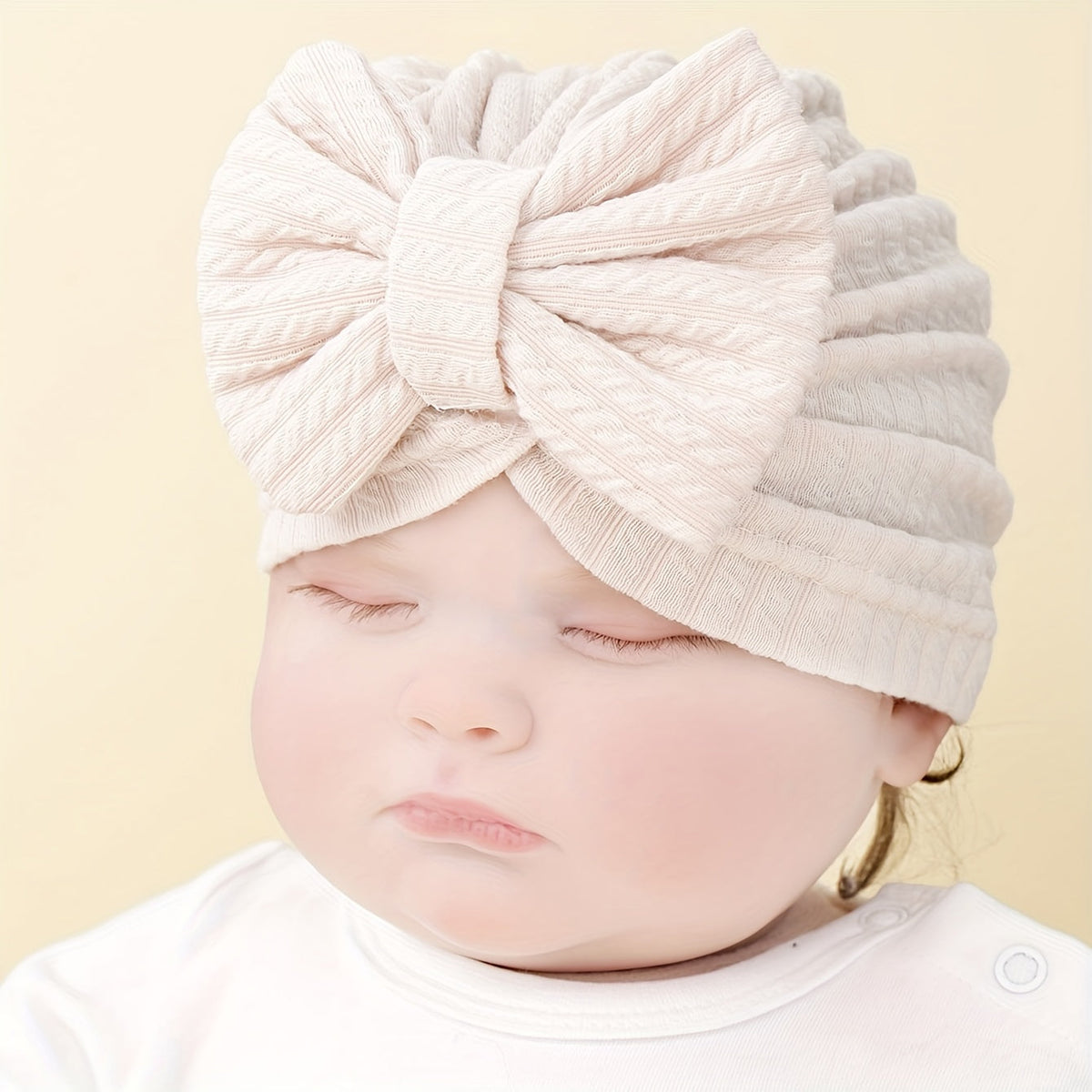 Baby Girl Bow Turban Hats Four Pack in Ribbed Neutral and Pink Colors for Coordinated Everyday Outfits