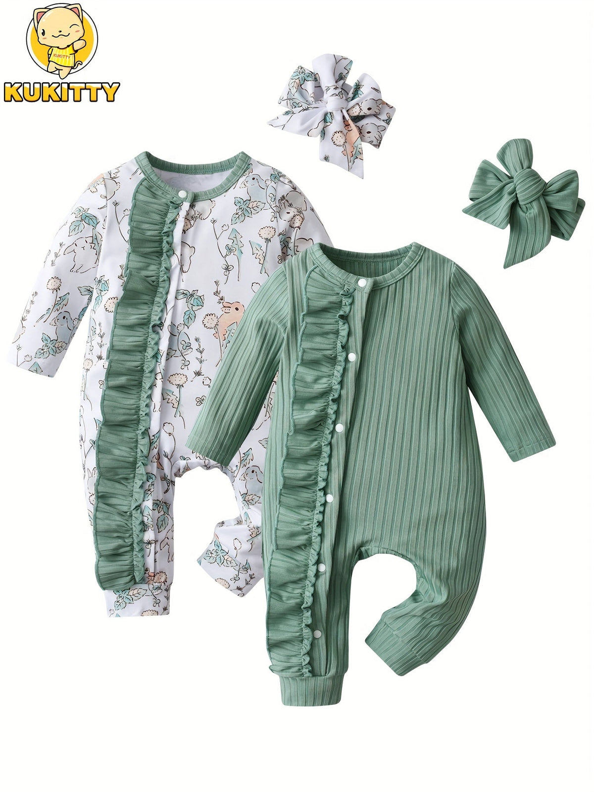Baby Girls' Ruffle Front Rompers 2-Pack in Green and Rabbit Print with Long Sleeves for Everyday Outfits