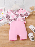 Baby Girl Heart Print Top and Pink Romper Set with Short Sleeves and Slim Straps for Summer Outfits