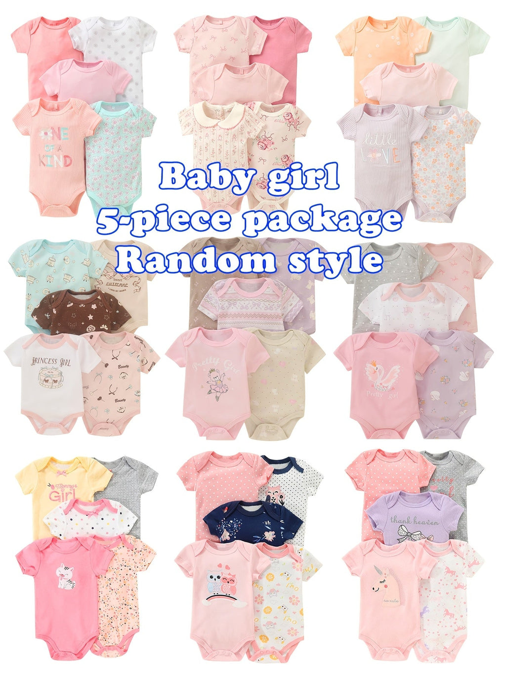 Baby Girl Bodysuits Five Pack in Random Pastel and Printed Designs with Short Sleeves for Everyday Changes