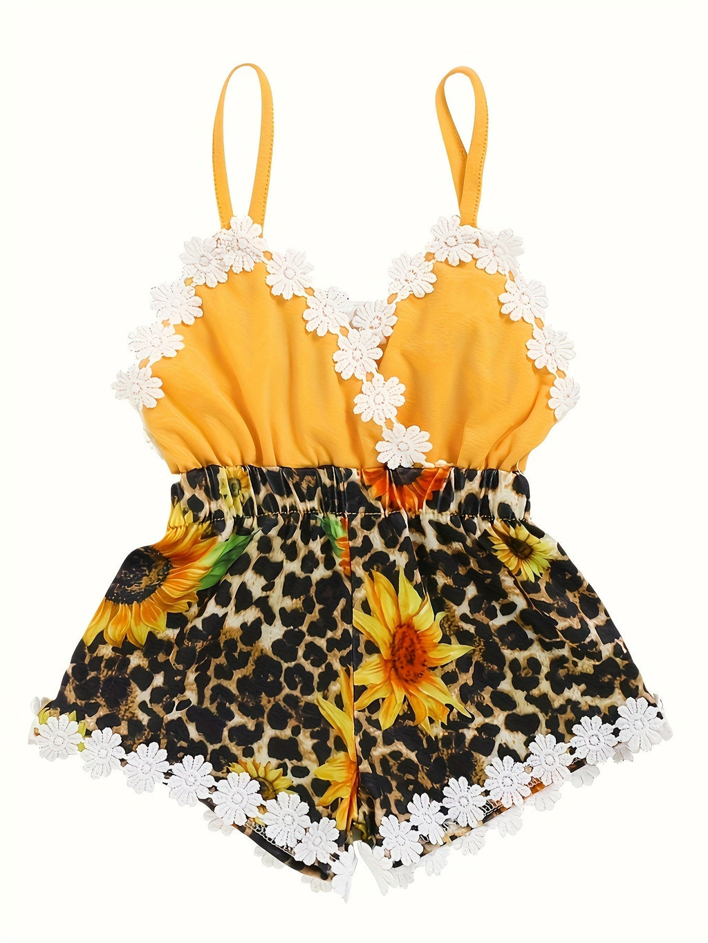 Baby Girl Sunflower and Leopard Print Romper with a Yellow Strappy Bodice and White Flower Trim