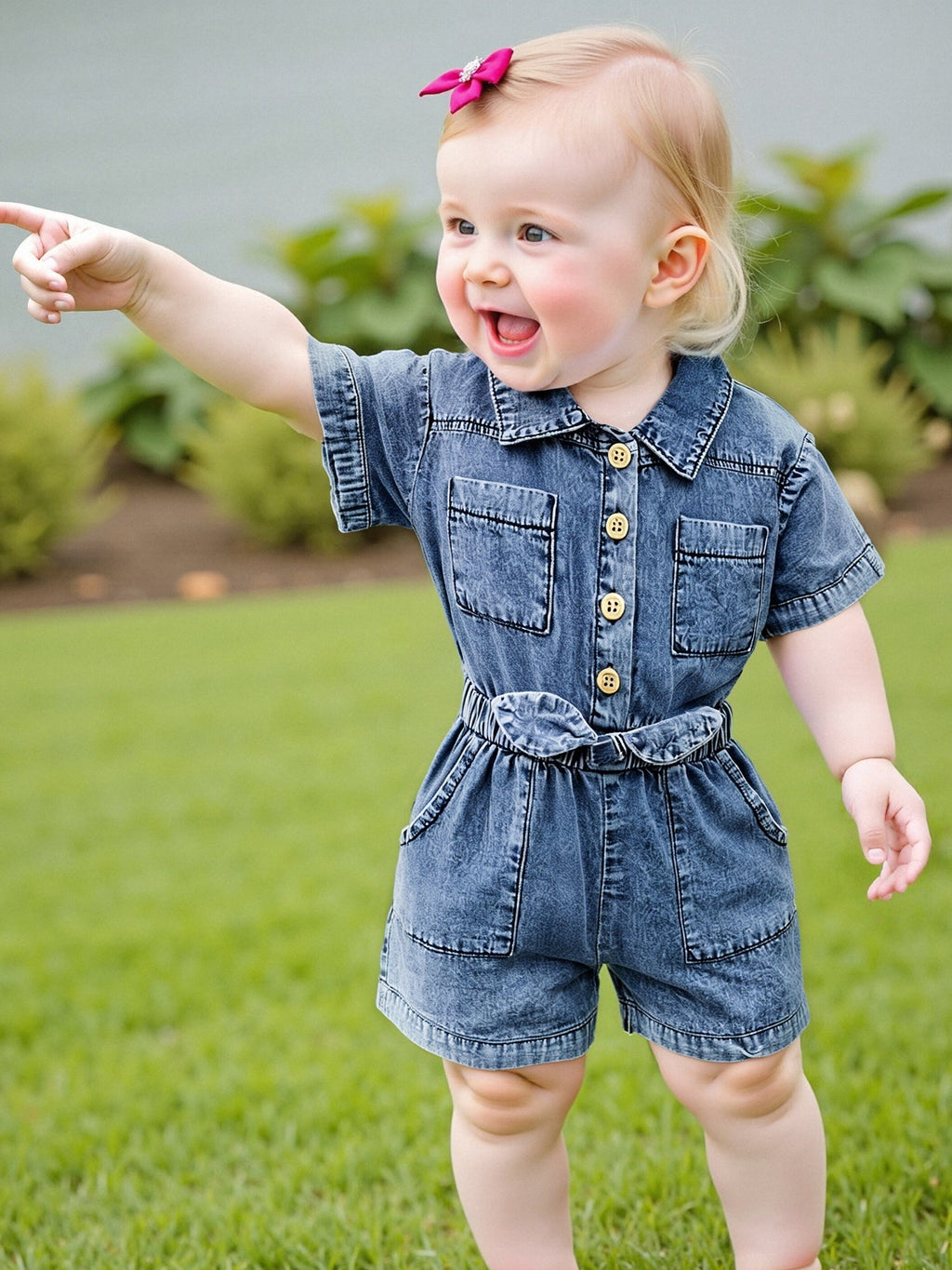 Baby Girls' Blue Denim Romper with a Button Front and Elastic Waist for Casual Short-Sleeve Outfits