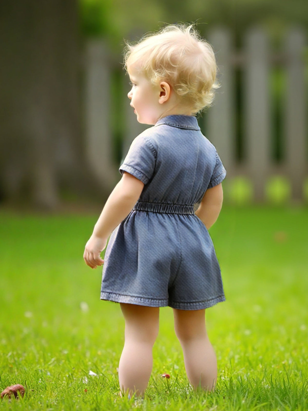 Baby Girls' Blue Denim Romper with a Button Front and Elastic Waist for Casual Short-Sleeve Outfits