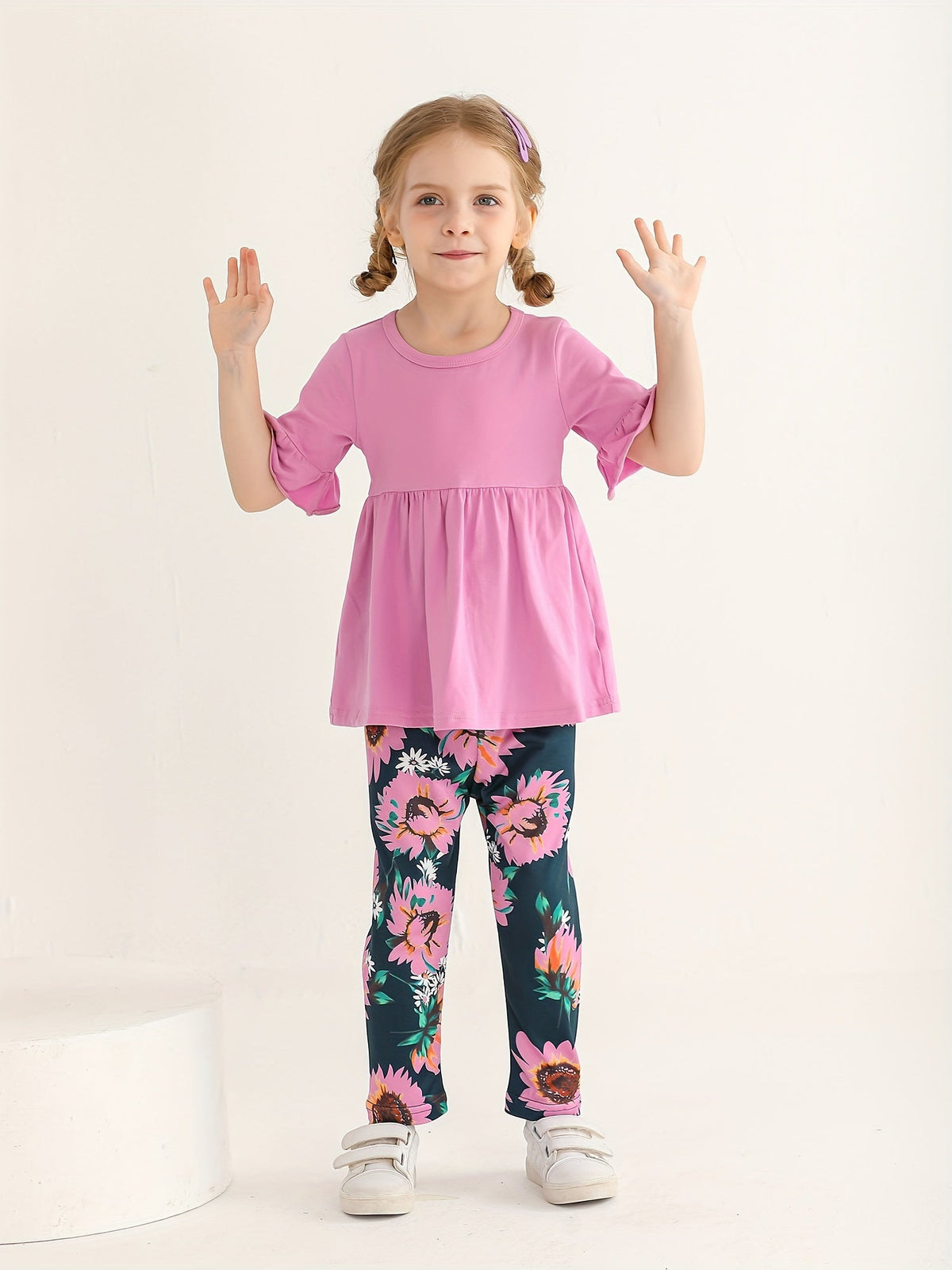 Girls Pants Set in Sky Blue Pink or Violet with a Ruffle Sleeve Top and Sunflower Print Trousers