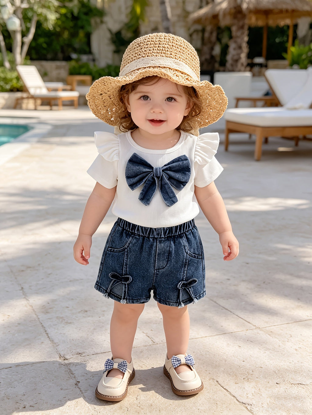 Baby Girl Bow Top and Denim Shorts Set with Flutter Sleeves and Matching Bow Details for Summer