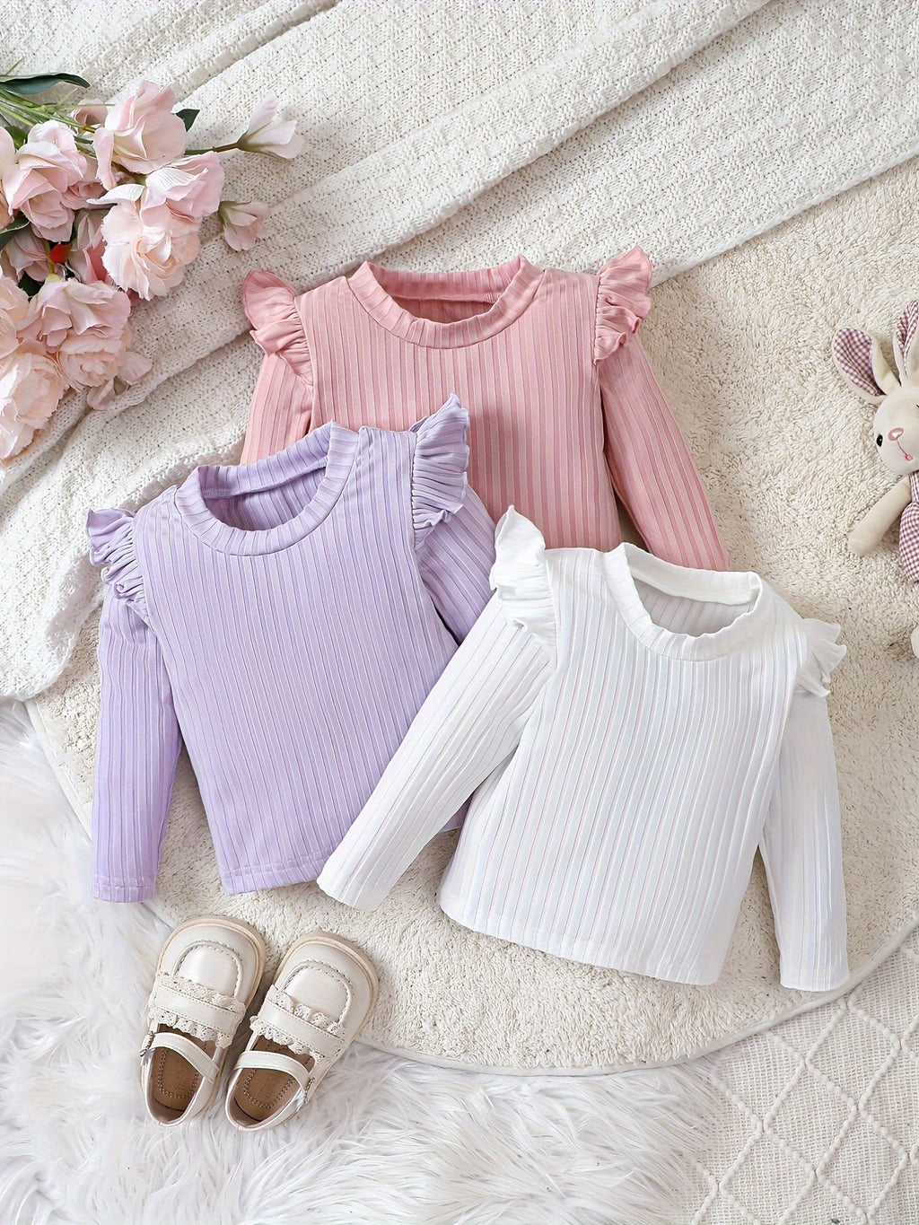 Baby Girls' Ribbed Tops Three-Pack with Long Sleeves and Ruffled Shoulders for Everyday Layered Outfits