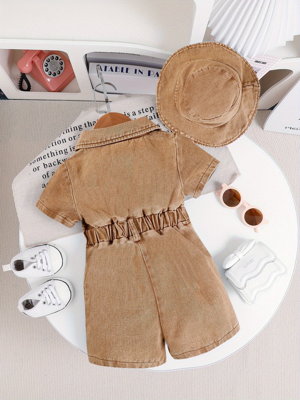 Baby Girls' Short Sleeve Denim Style Romper Set with a Matching Bucket Hat for Summer Outfits