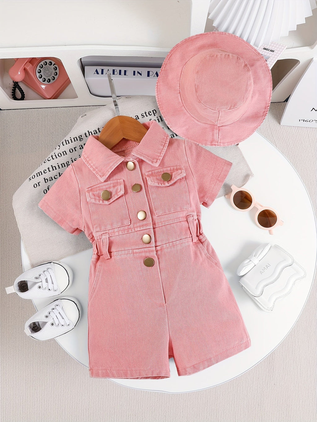 Baby Girls' Short Sleeve Denim Style Romper Set with a Matching Bucket Hat for Summer Outfits