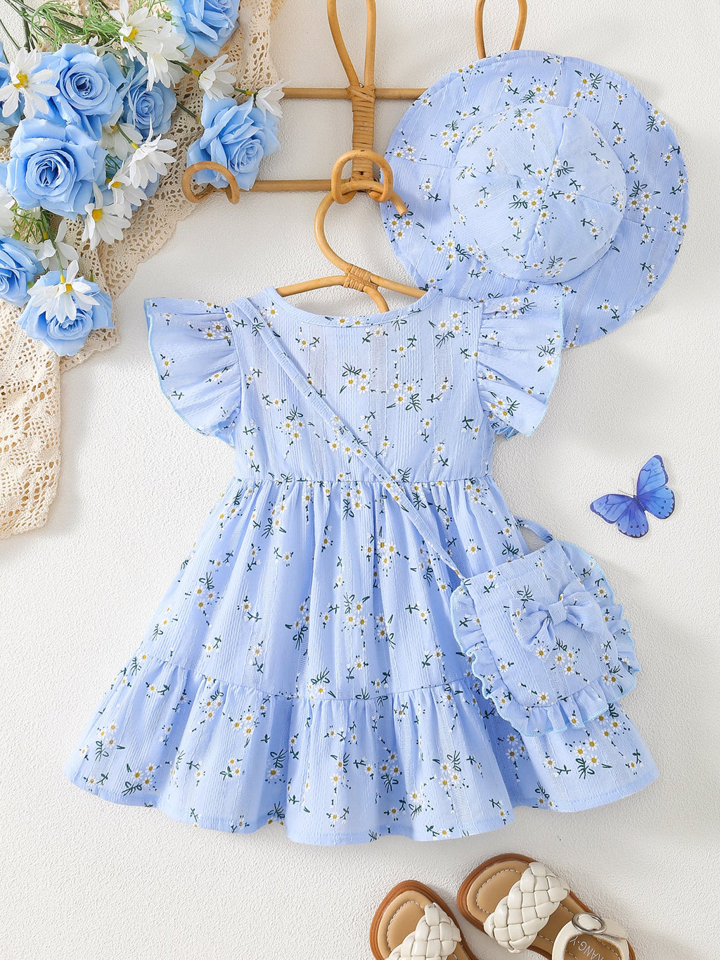 Girls' Floral Dress Set with a Matching Sun Hat and Small Bag for Coordinated Warm Weather Outfits