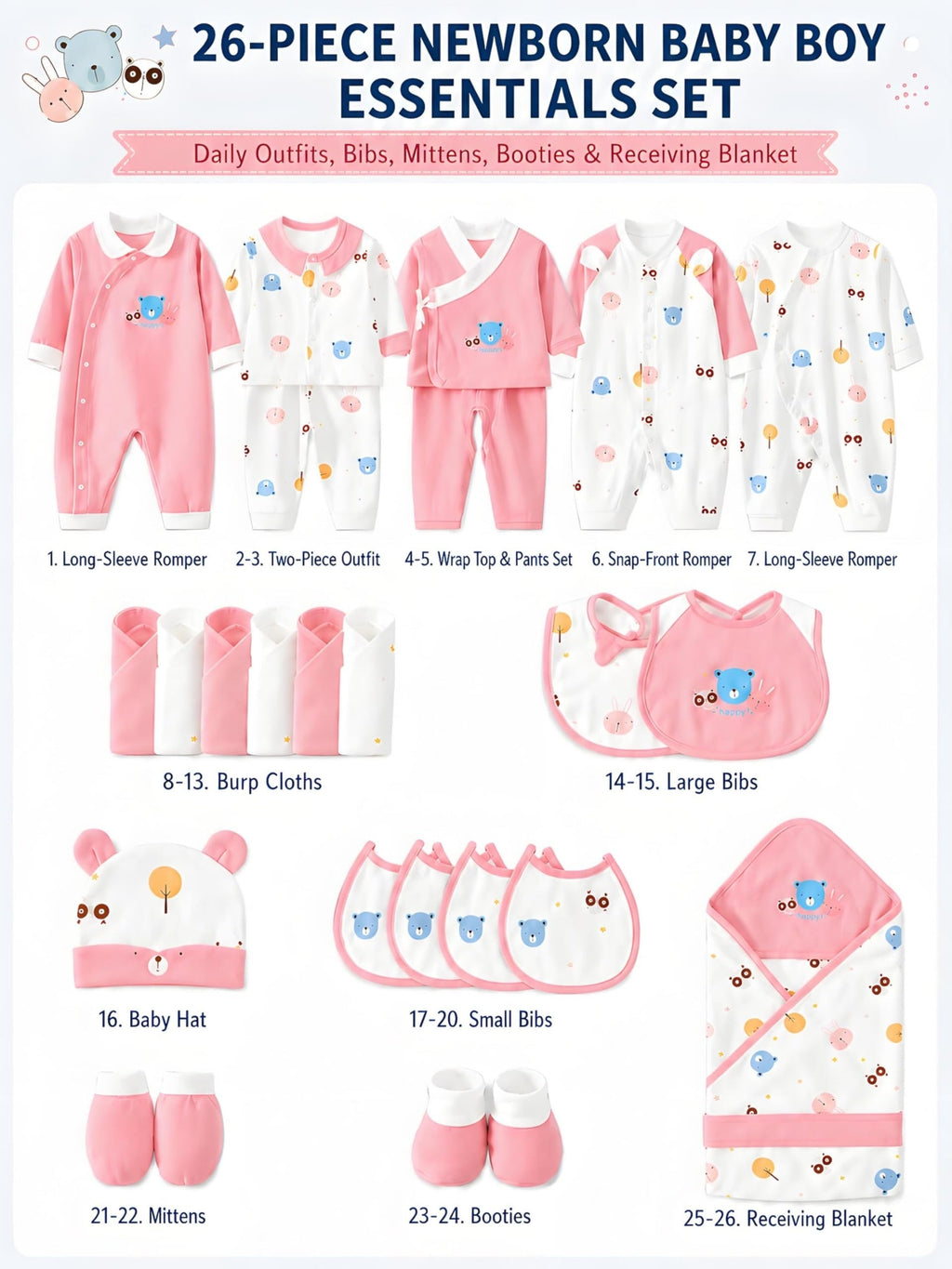 Pink Baby Clothing Set Featuring 26 Pieces of Bear Print Outfits, Bibs and Receiving Blankets