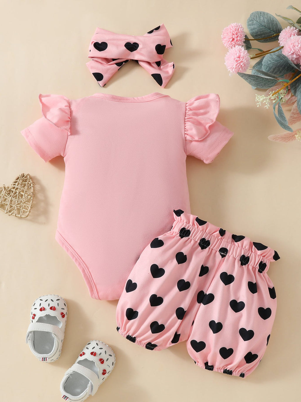Baby Girls' Pink Bodysuit Shorts Set with a Daddy's Girl Mommy's World Print and Matching Heart Headband