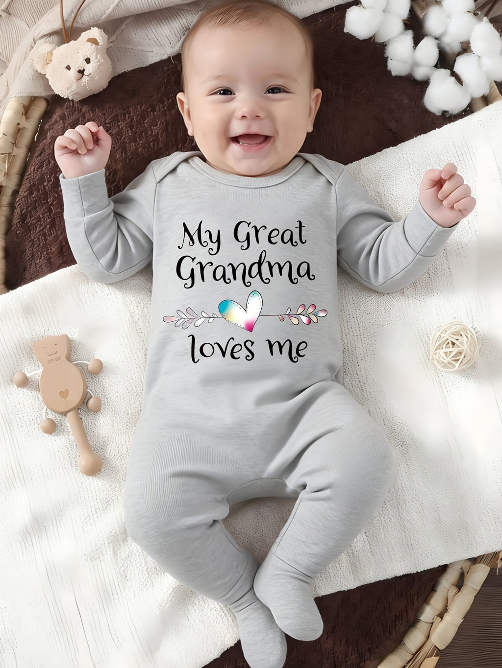 Baby Great Grandma Loves Me Cotton Romper with Covered Feet and Long Sleeves for Family Visit Outfits