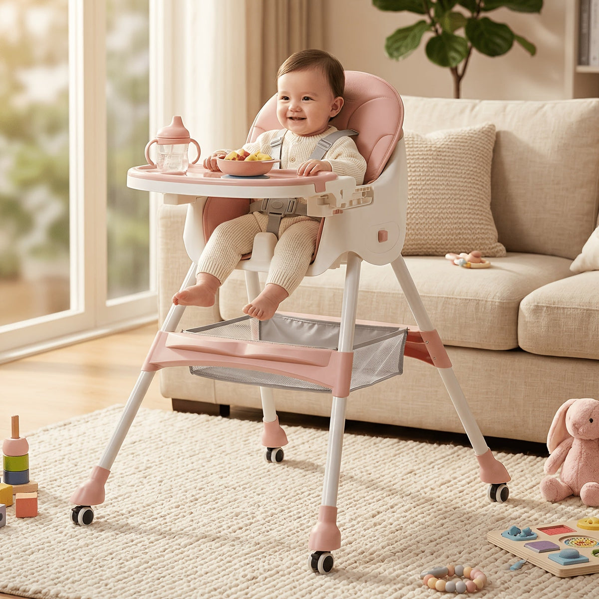 Foldable Baby High Chair with an Adjustable Tray and Cushioned Seat