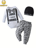 Baby Boy Three Piece Outfit Set with Moustache Print Pants and a Ladies I Have Arrived Bodysuit