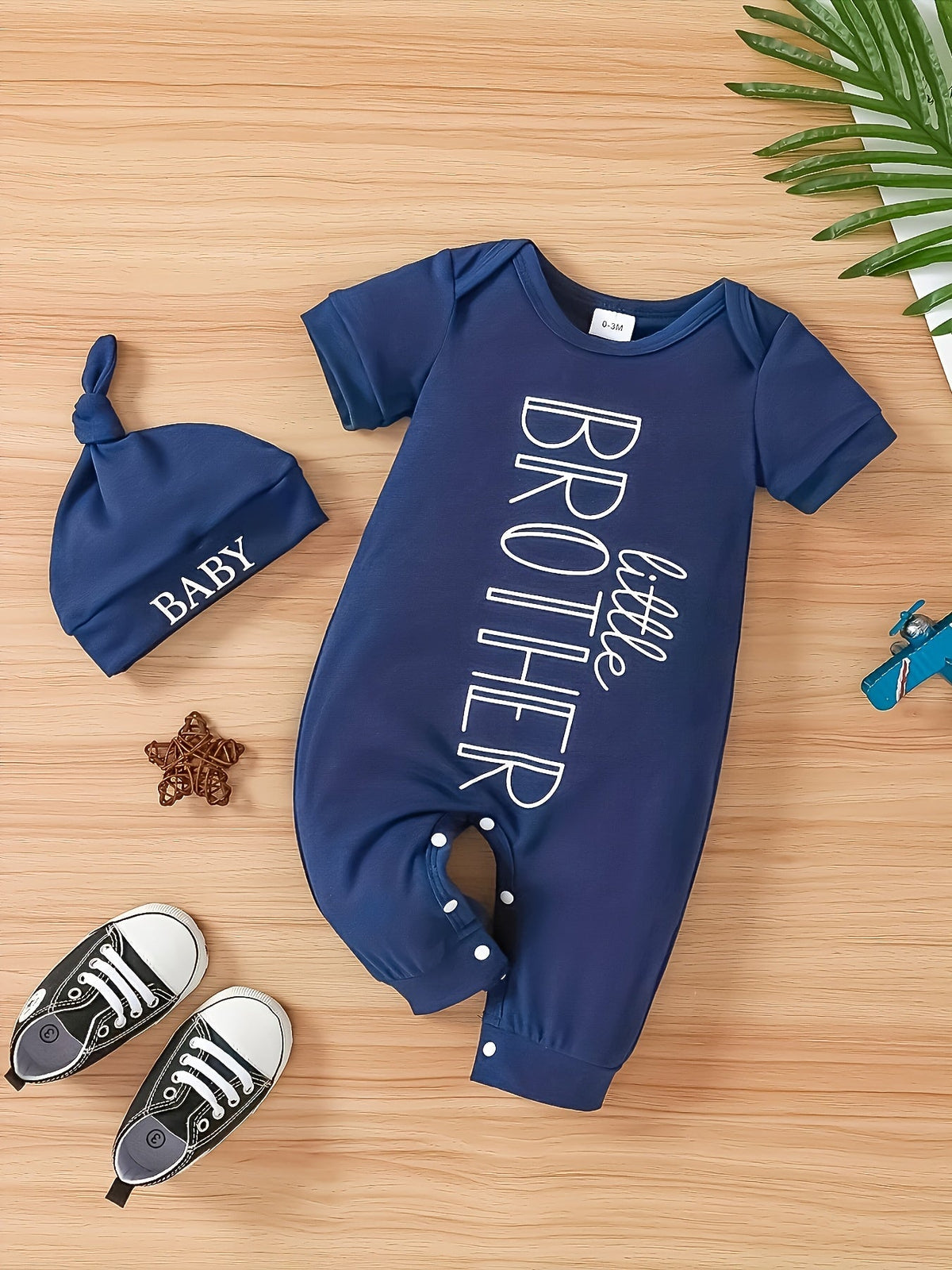 Baby Boys' Little Brother Romper and Hat Set in Navy with Short Sleeves and Snap Fastenings for Easy Changes
