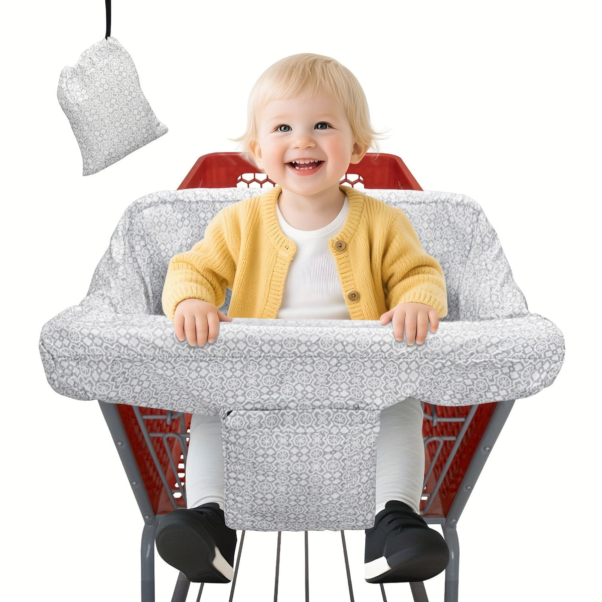 Baby Shopping Cart Cover with Leg Openings and a Carry Pouch in Gray Floral or Blue Owl Prints for Outings