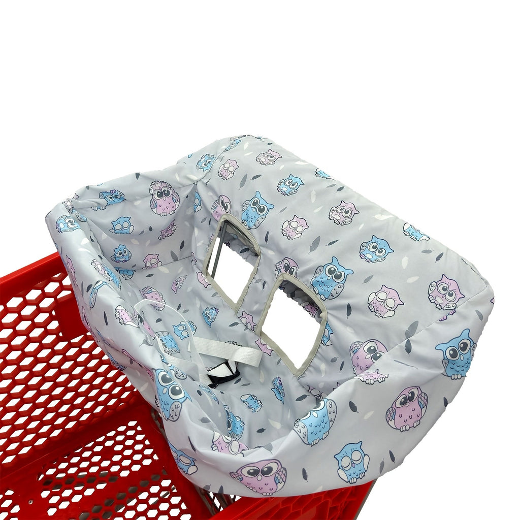 Baby Shopping Cart Cover with Leg Openings and a Carry Pouch in Gray Floral or Blue Owl Prints for Outings