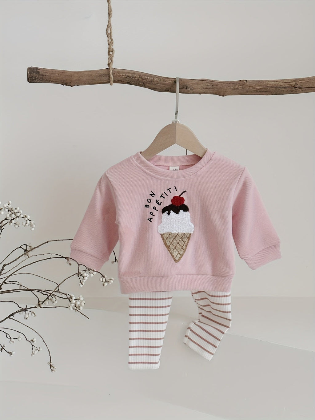 Baby Pink Outfit Set with an Ice Cream Patch Sweatshirt and Striped Pants for Spring and Autumn Wear