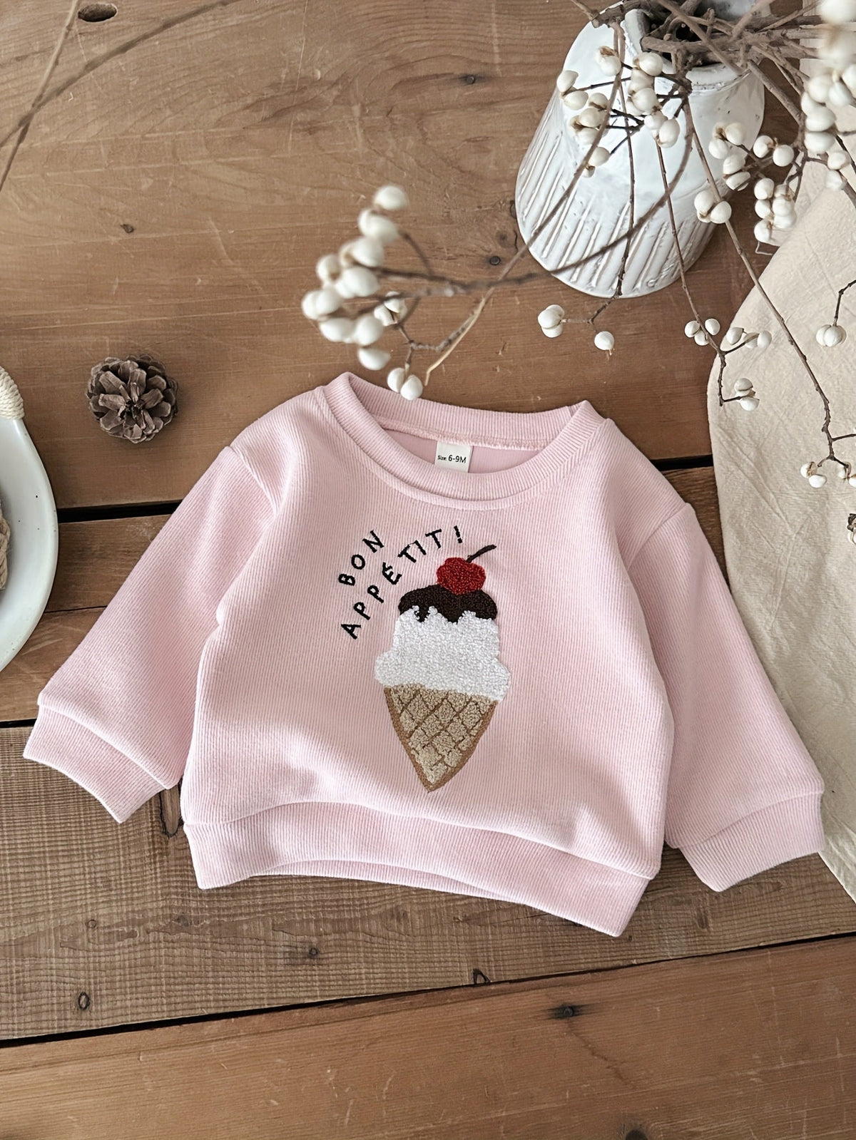 Baby Pink Outfit Set with an Ice Cream Patch Sweatshirt and Striped Pants for Spring and Autumn Wear
