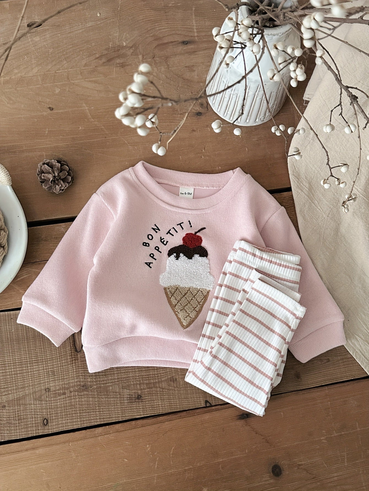 Baby Pink Outfit Set with an Ice Cream Patch Sweatshirt and Striped Pants for Spring and Autumn Wear