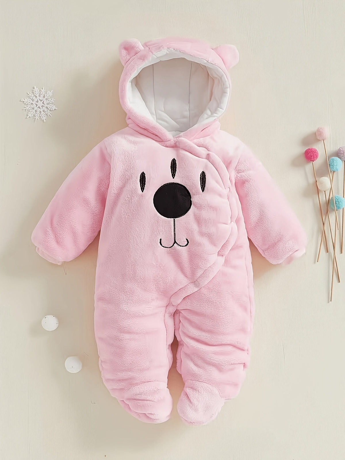 Baby Bear Hooded Snowsuit in Pink with Covered Feet and a Plush Finish for Cold Weather Outings