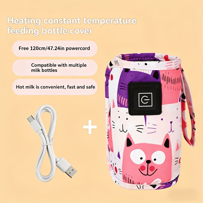 USB Portable Bottle Warmer Sleeve with Three Heat Settings and Cartoon Cat Prints for Feeding Routines