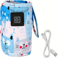 USB Portable Bottle Warmer Sleeve with Three Heat Settings and Cartoon Cat Prints for Feeding Routines