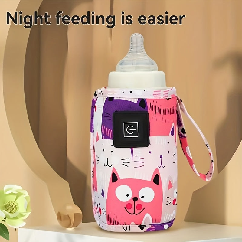 USB Portable Bottle Warmer Sleeve with Three Heat Settings and Cartoon Cat Prints for Feeding Routines
