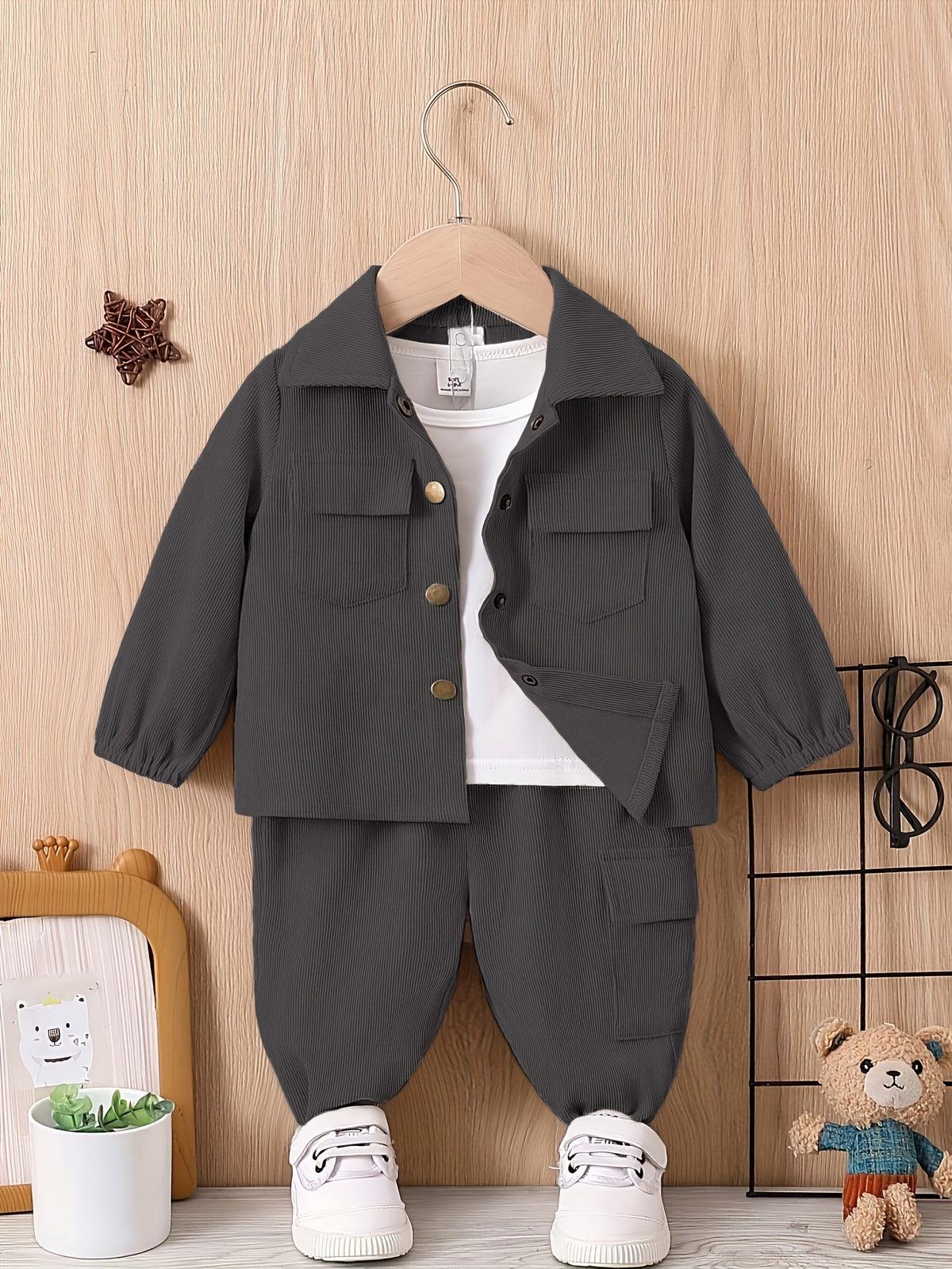 Baby Boys' Jacket and Pants Set with Button Front Chest Pockets in Khaki or Dark Brown Workwear Style