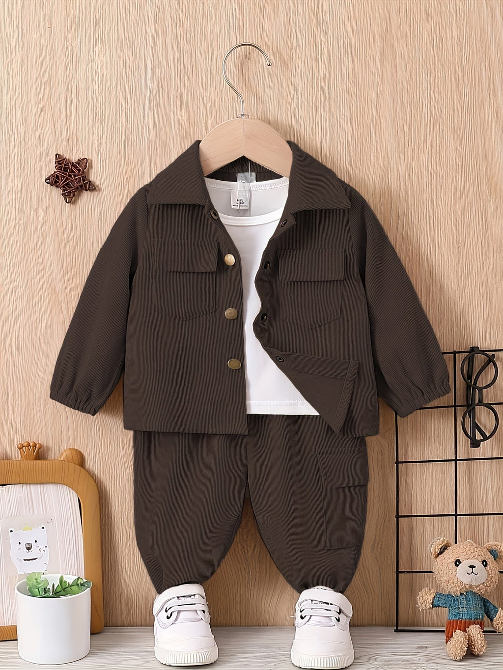 Baby Boys' Jacket and Pants Set with Button Front Chest Pockets in Khaki or Dark Brown Workwear Style