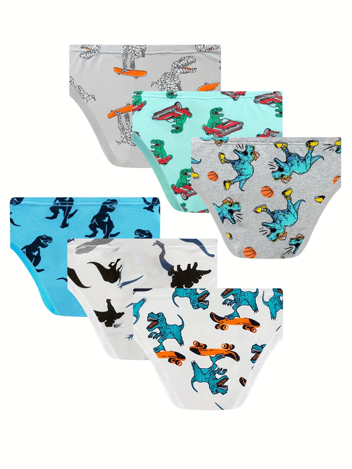 Boys' Dinosaur Briefs 6-Pack with a Front Opening and Colorful Cartoon Prints for Everyday Underwear
