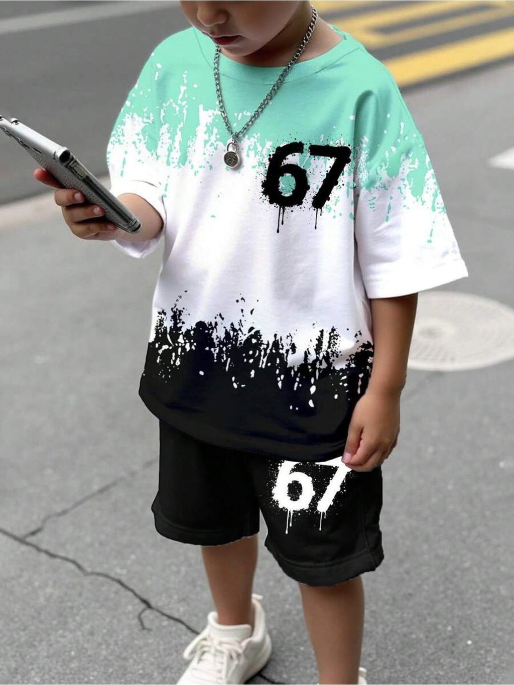 Boys' 67 Paint Splash T-Shirt and Shorts Set in Mint White and Black with a Short Sleeve Crew Neck Top
