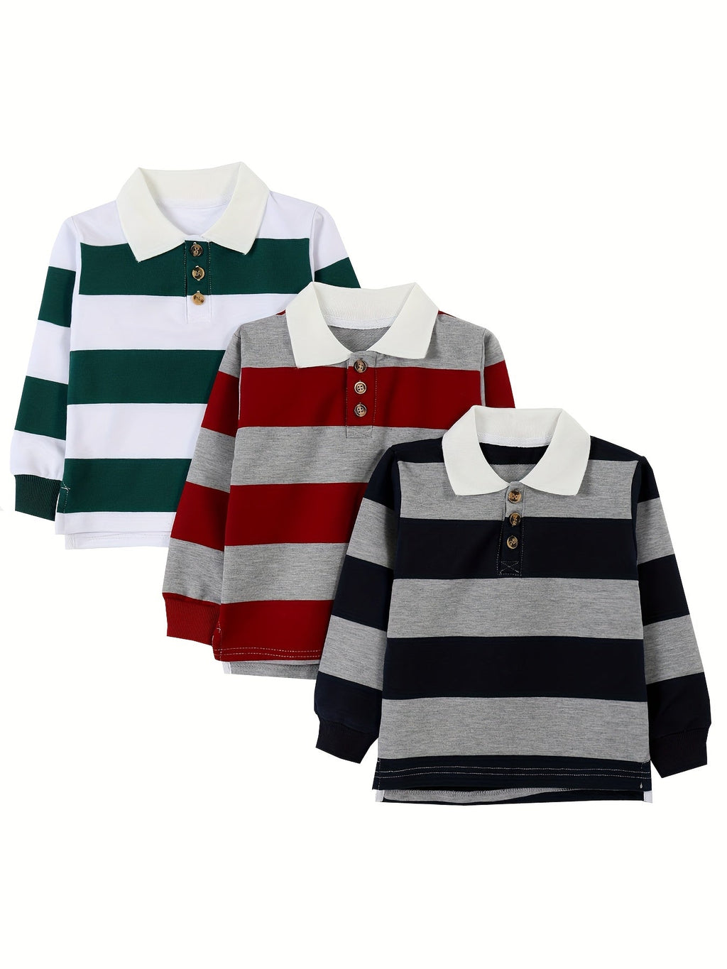 Boys' Striped Long Sleeve Polo Shirts Three Pack with Contrast Collars for Everyday Casual Dressing