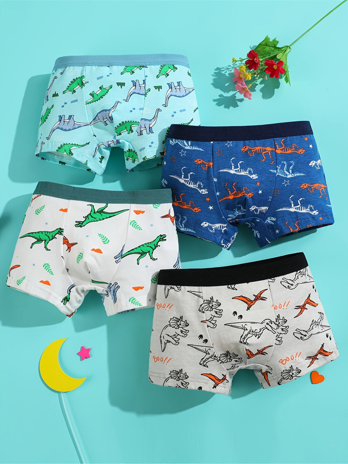 Boys' Dinosaur Boxer Briefs Eight-Pack with Mixed Colors and Contrast Elastic Waistbands for Daily Changes