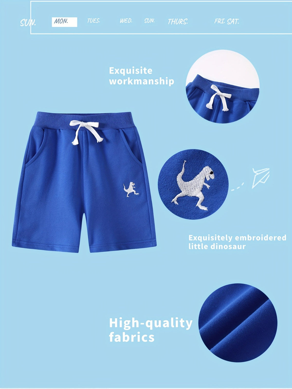 Boys' Three-Pack Dinosaur Cotton Shorts in Blue, Black and Gray with Pockets for Everyday Outfits