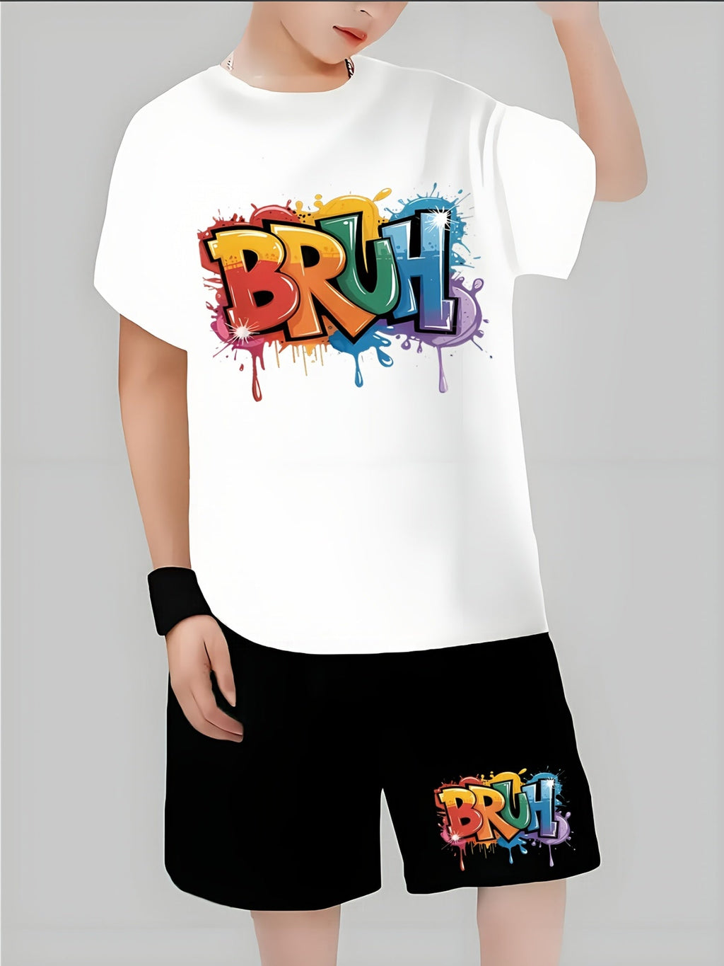 Boys' Black T-Shirt and Shorts Set with Colorful BRUH Graffiti Lettering for Casual Summer Outfits