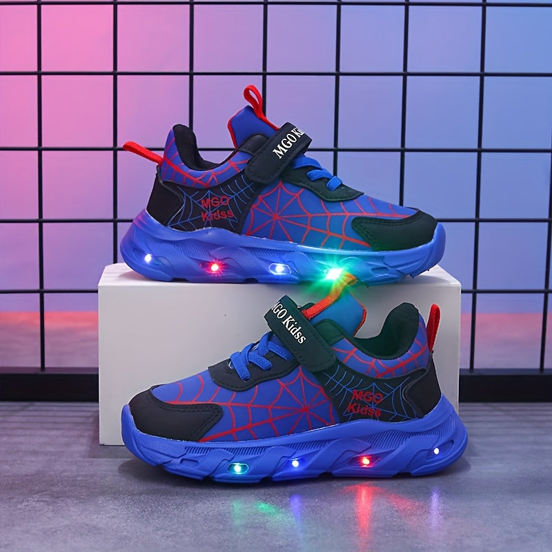 Boys' Light-Up Sneakers with Spiderweb Graphics and an Instep Strap in Red, Black or Blue for Playtime