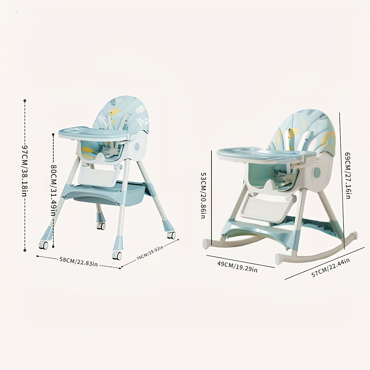 Convertible Baby High Chair for Dining and Rocking with a Folding Frame and Adjustable Reclining Backrest