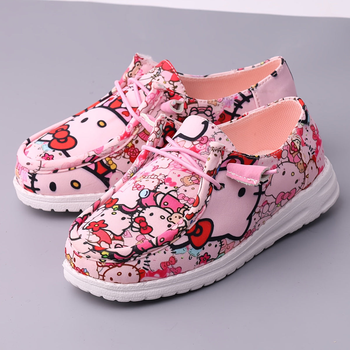 Girls' Casual Loafers in Cartoon Cat Prints with Elastic Laces and Side Openings for Colorful Outfits
